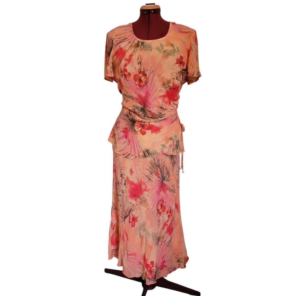 SZ14 Frank Lyman Design Peach and Pink Floral Skirt Set Travel Tropical Cruise